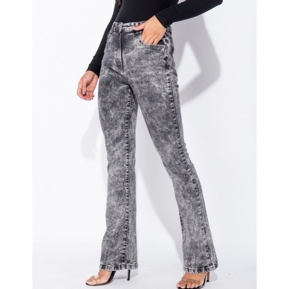 Gray Acid Wash High Waist Skinny Flare Denim Jeans - Picture 2 of 10